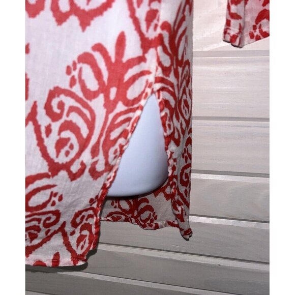 FLORA Rock Flower Paper Sz MEDIUM Red White Ikat Print Top Tunic 100% Cotton EUC - Picture 8 of 13